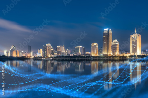 Xiamen blue tone skyline synthesized by particle lines