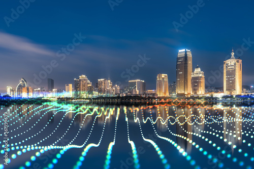 Xiamen blue tone skyline synthesized by particle lines