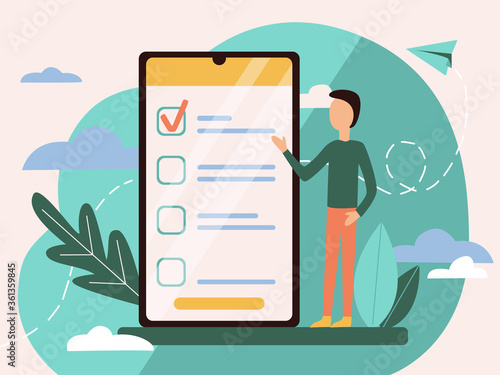 Illustration of an online survey in flat style. Checklist concept in a mobile phone and a male character pointing to a selection mark. For the design of sites, applications. Time management poster.