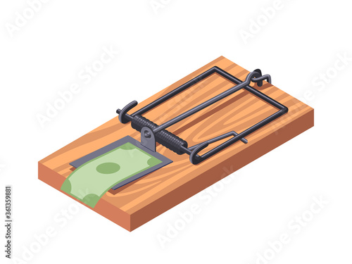 Financial fraud concept illustration. Mousetrap with money bait. Isolated on white background.