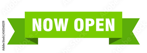 now open ribbon. now open isolated band sign. now open banner