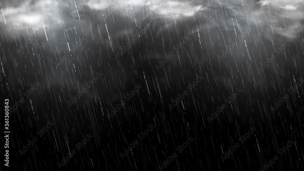 Falling raindrops isolated on black background. Falling water drops texture. Realistic rain with clouds and fog. Vector illustration.