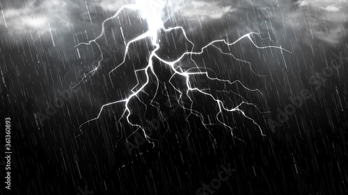 Falling raindrops isolated on black background. Falling water drops texture. Realistic rain with clouds, fog and lightning. Vector illustration.