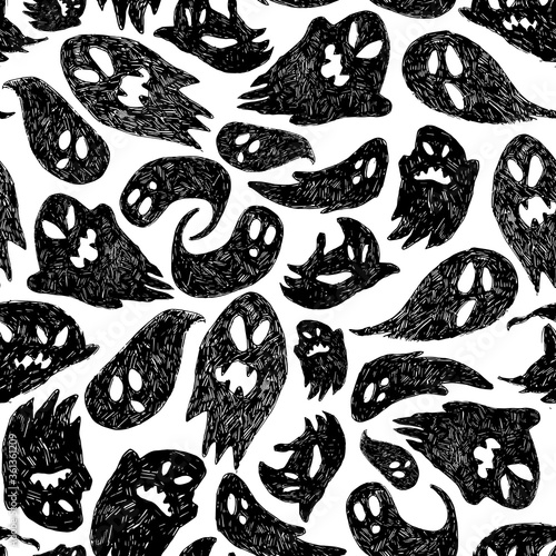 Vector black and white cute sketch of cartoon ghosts seamless pattern. Background for halloween posters, greeting cards, invitations, web design, wrapping paper.