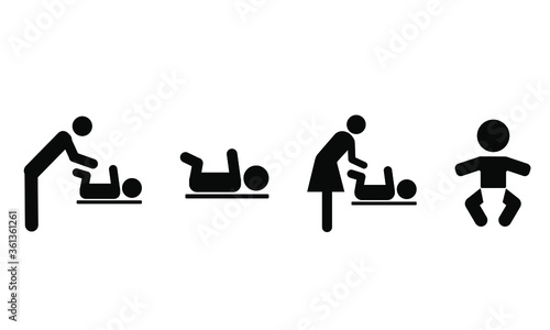 Changing station restroom sign vectors icon set of 4 including baby isolated and on table baby, Man and woman changing diaper silhouette 