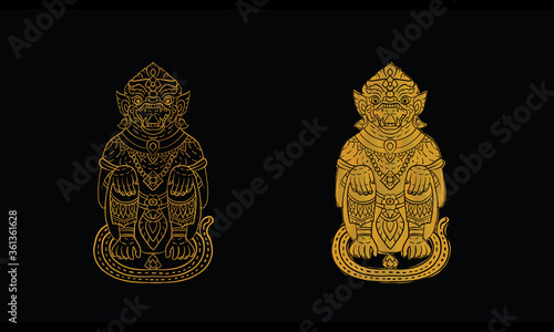 Hanuman, Thai traditional backdrop, Thai traditional painting in temple, vector photo