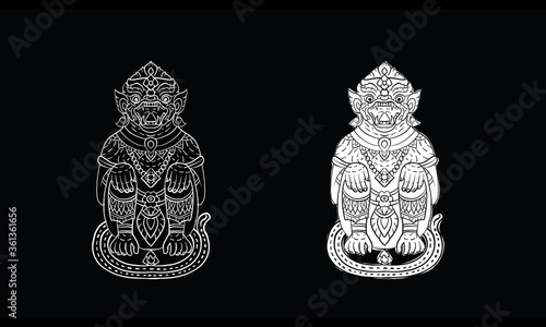 Hanuman, Thai traditional backdrop, Thai traditional painting in temple, vector