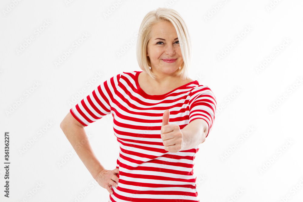 Successful middle-aged woman shows like or sign of success. Woman show ok gesture. Beautiful middle age lady thumbs-up Successful middle-aged woman shows like or sign of success. Woman show ok gesture. Beautiful middle age lady thumbs-up
