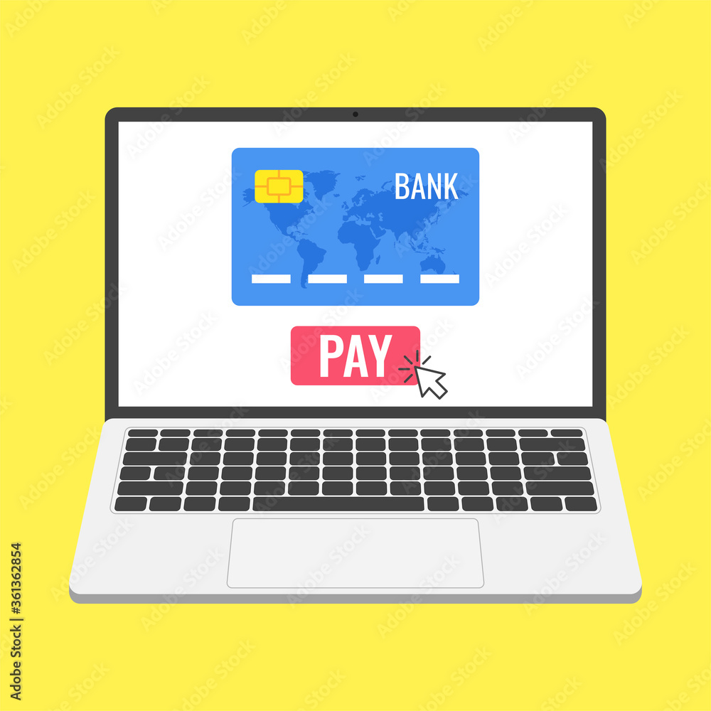 Credit card and pay button on laptop screen. Online payment, pay online concepts. Vector Illustration. Credit card and pay button on laptop screen. Online payment, pay online concepts. Vector Illustration.