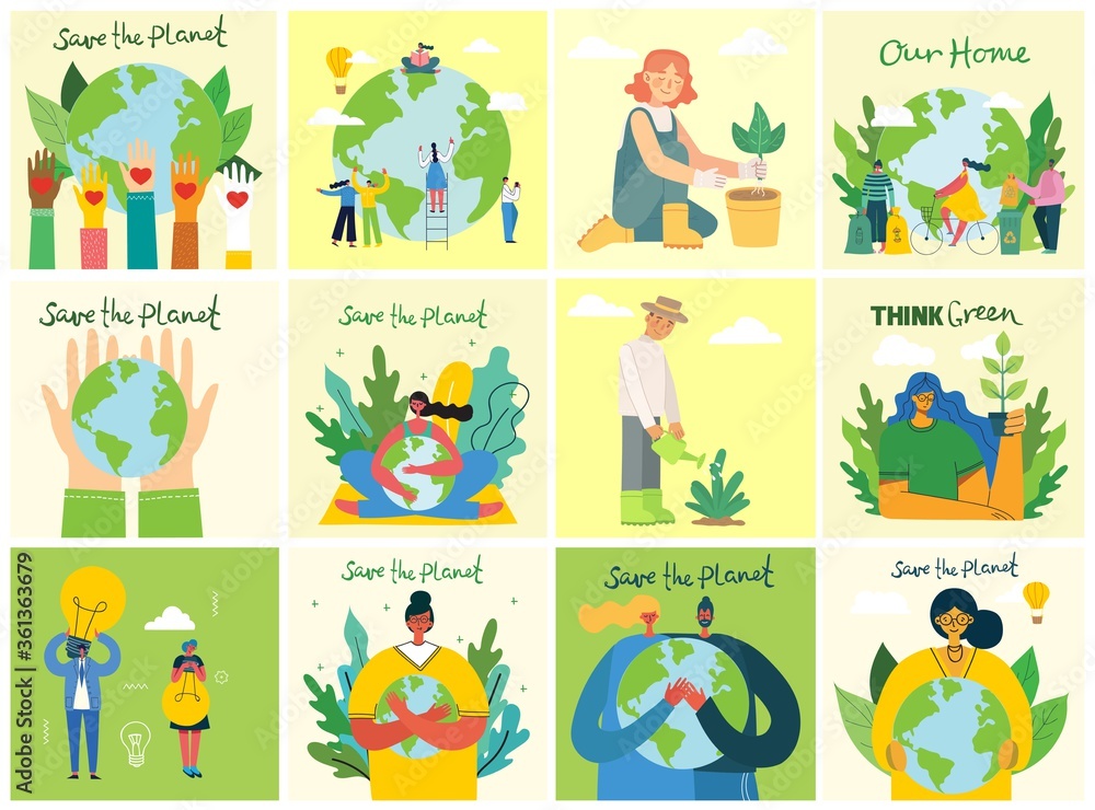 Set of eco save environment pictures. People taking care of planet collage. Zero waste, think green, save the planet, our home hand written text in the modern flat design