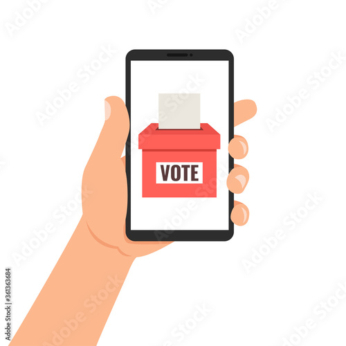 Hand holding smartphone with voting app on the screen. Vector illustration.