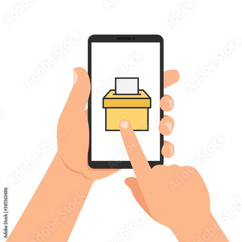 Hand hold a mobile phone with online voting app. Container with ballot paper. Vector illustration.