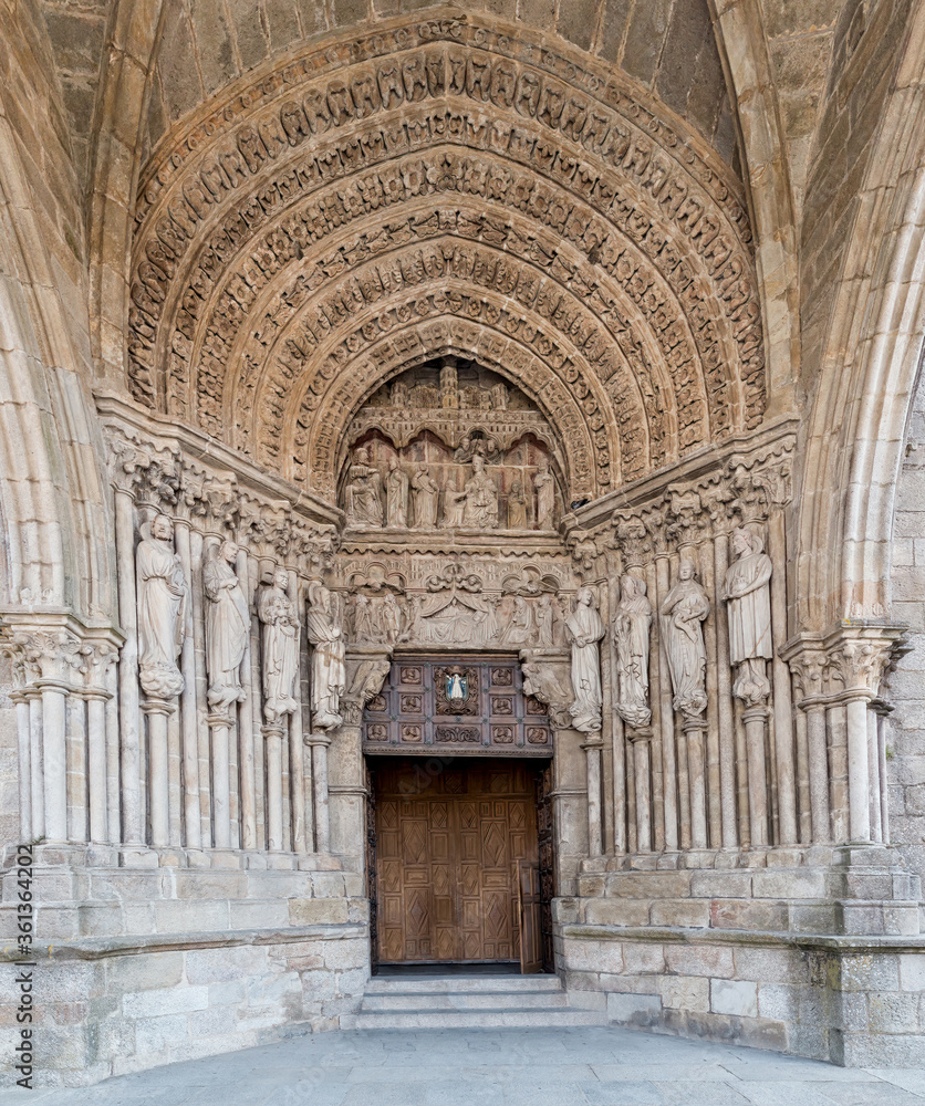 Tui Cathedral. Main cover with the first Gothic work of the Iberian Peninsula. Tourism in Galicia. The most beautiful spots in Spain. Declared a Historic Artistic Site