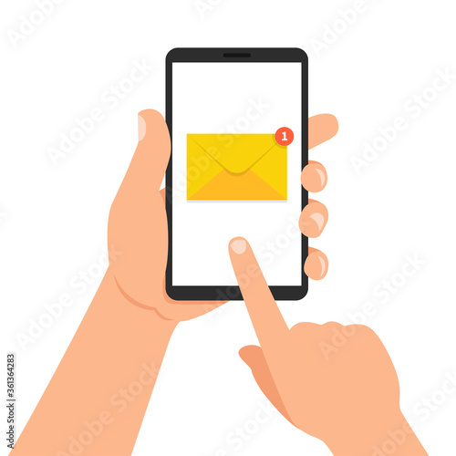 New email notification on mobile phone. Finger touch screen. Vector Illustration.