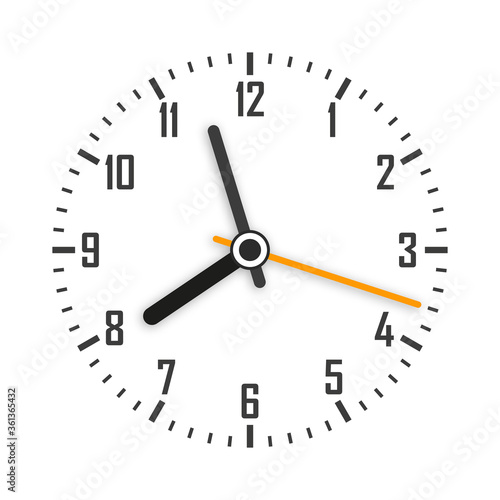 Clock face with shadow on white background. Clock hands. Part of an analog clock or watch.