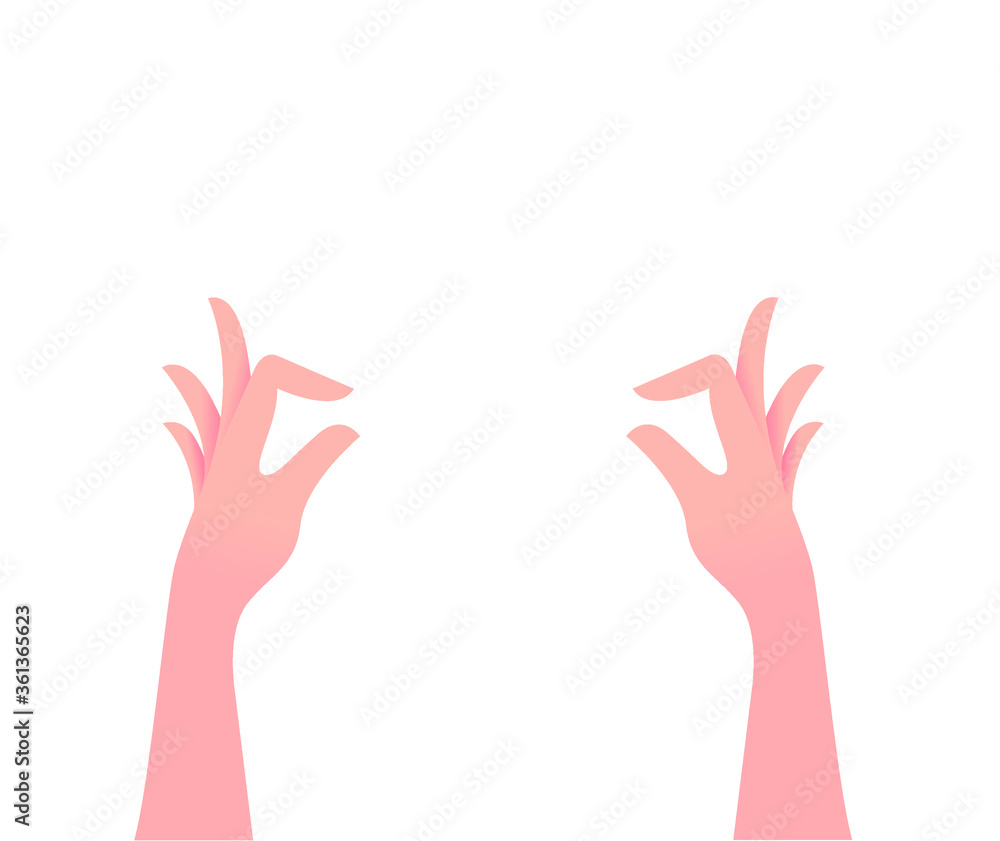 Hold something with your hands. Two graceful hands isolated on a white background. Vector illustration, flat cartoon design, eps 10. Concept: hold with your fingers, stretch, gesture, decoration. Hold something with your hands. Two graceful hands isolated on a white background. Vector illustration, flat cartoon design, eps 10. Concept: hold with your fingers, stretch, gesture, decoration.