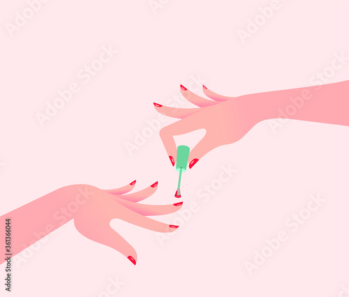 Manicure, varnish nails. Two female hands applying red nail polish to the nails. Vector illustration, flat cartoon design, eps 10. Concept: beauty salon, nail salon, fashion, beauty, private business.