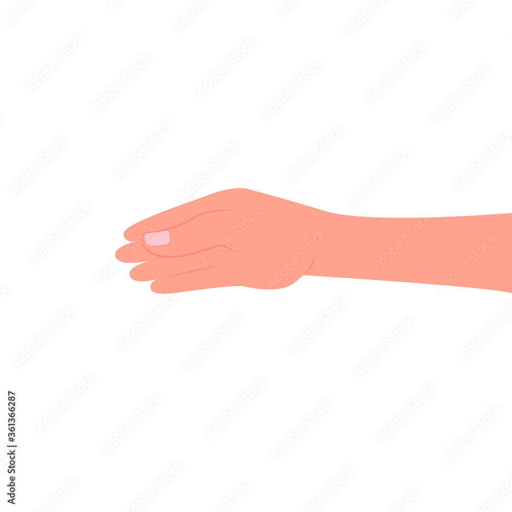 Hand gesture, stretching out hand, side view. Vector color illustration, flat cartoon design, eps 10. Concept: pull a hand, for a handshake, greetings, help. Hand gesture, stretching out hand, side view. Vector color illustration, flat cartoon design, eps 10. Concept: pull a hand, for a handshake, greetings, help.