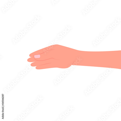 Hand gesture, stretching out hand, side view. Vector color illustration, flat cartoon design, eps 10. Concept: pull a hand, for a handshake, greetings, help.