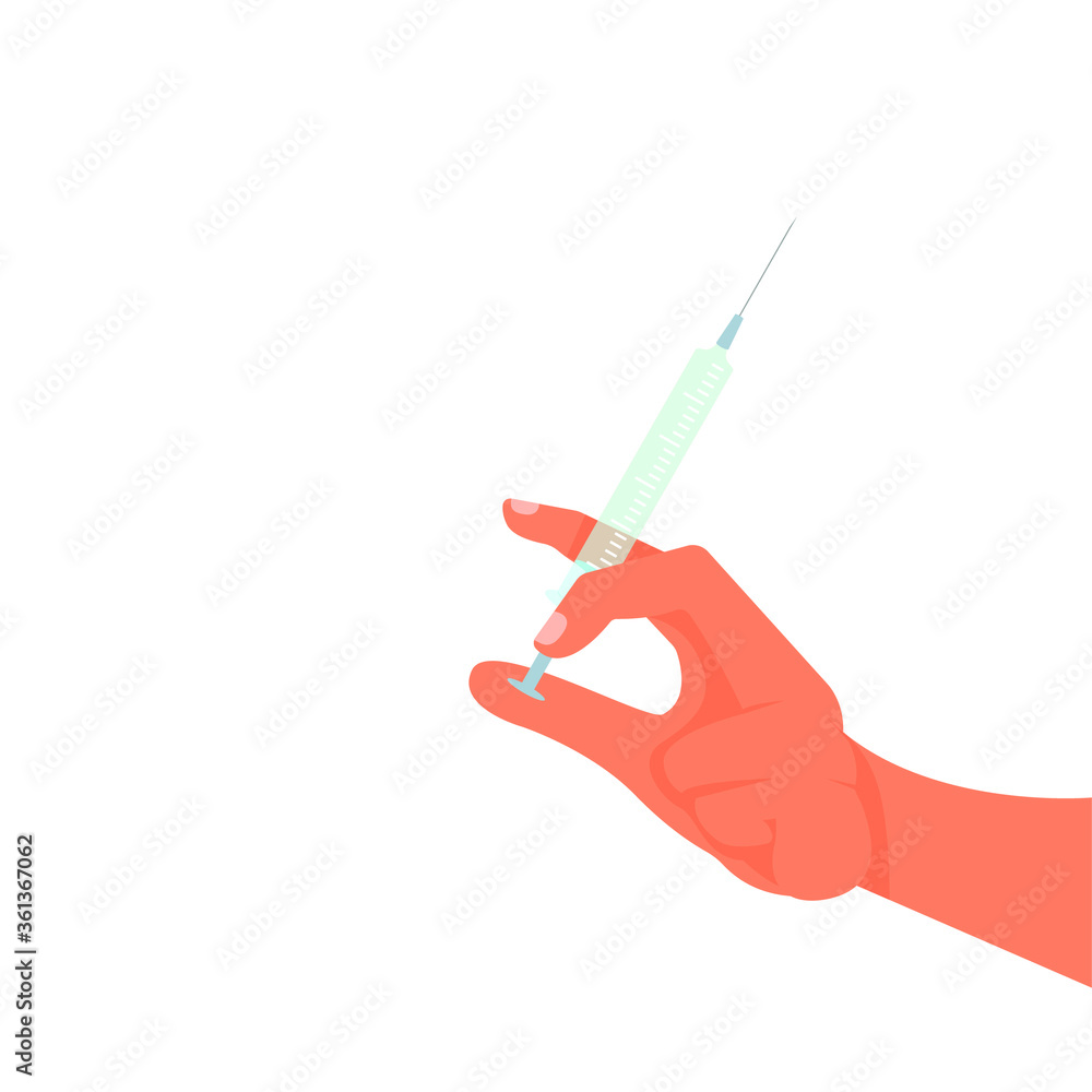 Hand holds a syringe to give an injection, injection, vaccination, vaccine. Vector illustration, flat cartoon design isolated on white background, eps 10. Hand holds a syringe to give an injection, injection, vaccination, vaccine. Vector illustration, flat cartoon design isolated on white background, eps 10.