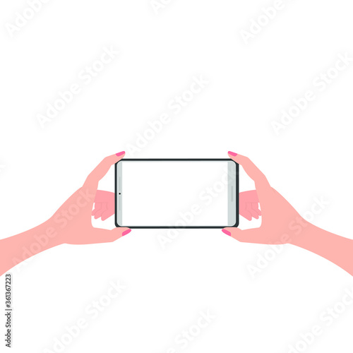 Hands hold the phone horizontally. Blank clean white screen, monitor. Two hands on a white background. Concept: form for selfie, shooting, photographing. Vector illustration, flat cartoon design, eps 