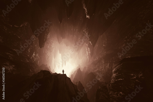 Stampa su tela man in big cave surreal 3d illustration