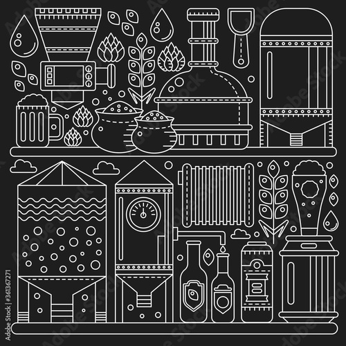 Beer Brewery production process conveyor. Line factory beer black background. October fest. Outline stroke linear style vector illustration.