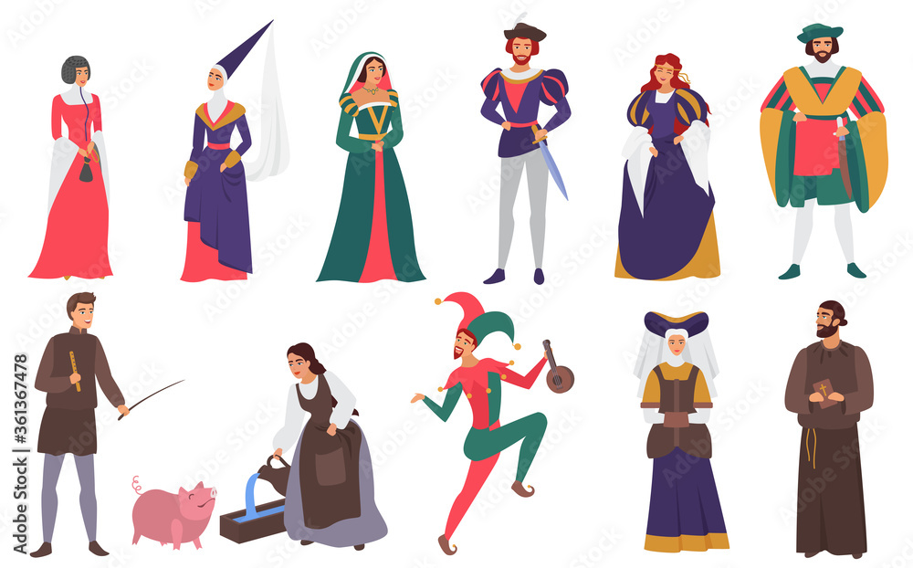 Medieval people vector illustration flat set. Cartoon medieval person history collection of man woman characters in old historical aristocrat costumes, peasant farmer, priest, jester isolated on white