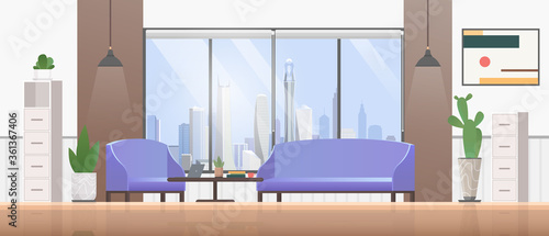 Living room interior flat design vector illustration. Cartoon empty modern home apartment living room with cozy sofa, picture on wall, panoramic modern city view from window, green plants background