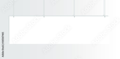 Horizontal banner hanging on the clothesline. Empty blank canvas for posting information. Realistic design, vector illustration, eps 10.