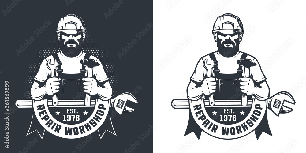 Handyman in hard hat with hammer and wrench - Mechanical Workshop ...