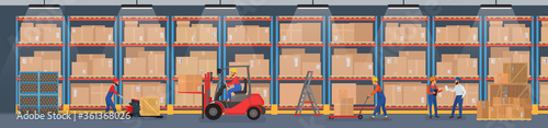 Vector Warehouse interior wide panorama with workers arranging goods on the shelves and dip boxes