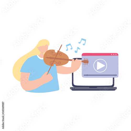 stay at home, girl in concert online with violin, self isolation, activities in quarantine for coronavirus