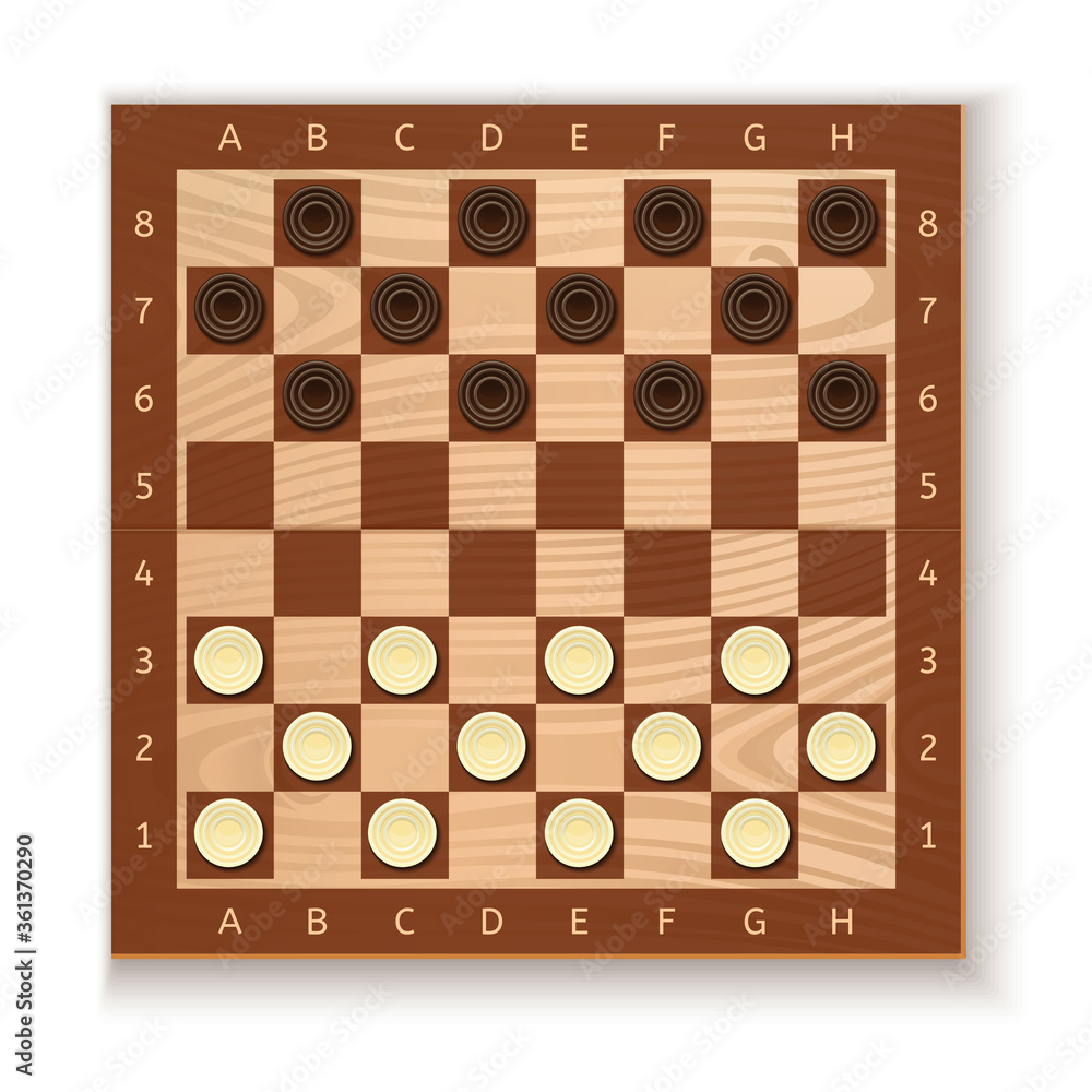 Checkers and chess board. White and black chips placed on the board. Ancient Intellectual board game. Vector illustration Checkers and chess board. White and black chips placed on the board. Ancient Intellectual board game. Vector illustration