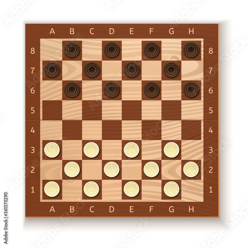 Checkers and chess board. White and black chips placed on the board. Ancient Intellectual board game. Vector illustration