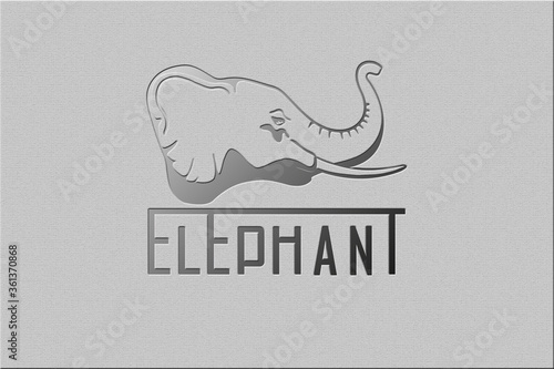 Elephant head in profile on a gray embossed background with the word Elephant. 3d illustration