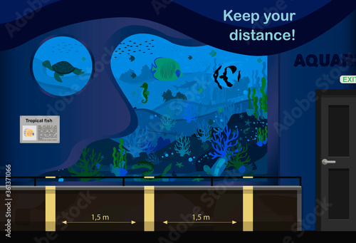 Vector illustration of the aquarium. An internal room with aquariums and markings for keeping the distance during quarantine and pandemics. Lines for visitors to the aquarium for a distance of one and