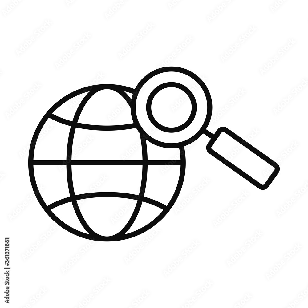 global sphere and magnifying glass icon, line style global sphere and magnifying glass icon, line style