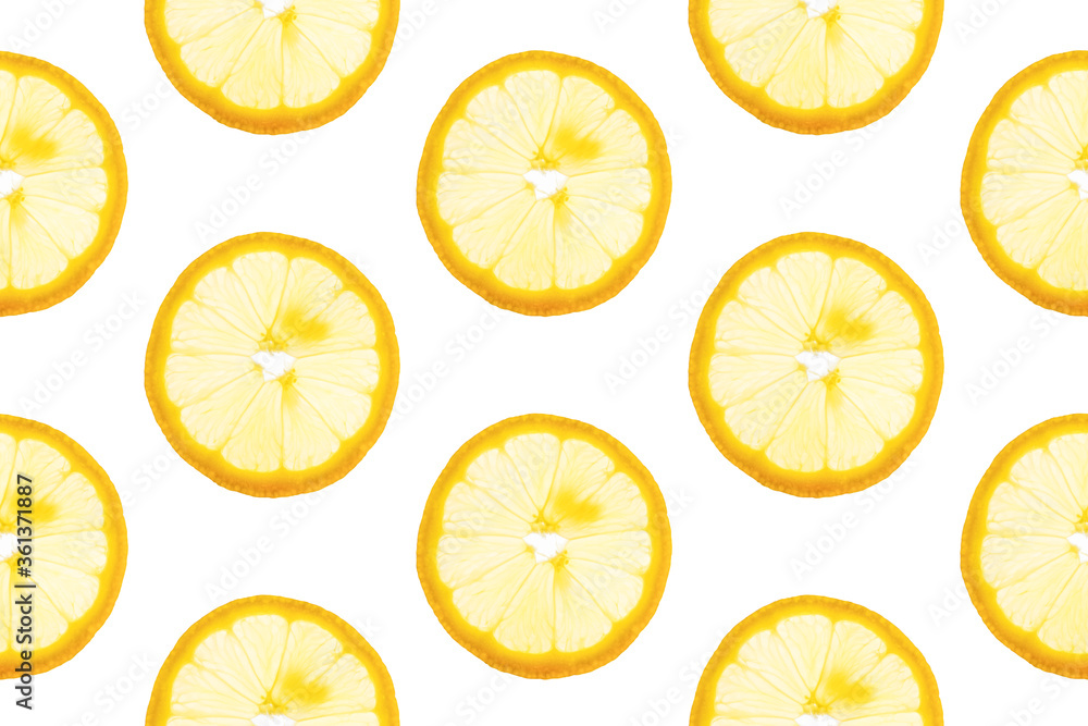 Seamless pattern from round transparent slices of ripe juicy yellow lemon on white background. Poster banner template backdrop for wallpaper product surface design Seamless pattern from round transparent slices of ripe juicy yellow lemon on white background. Poster banner template backdrop for wallpaper product surface design