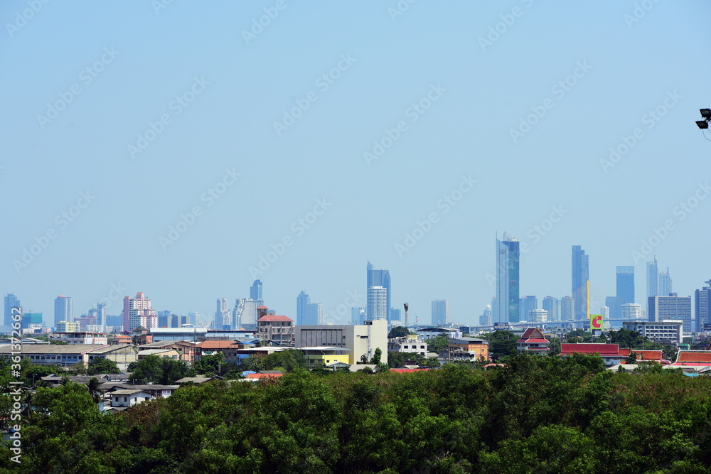 Great city view with beautiful hanging bridges that cross the river of Bangkok, Thailand.