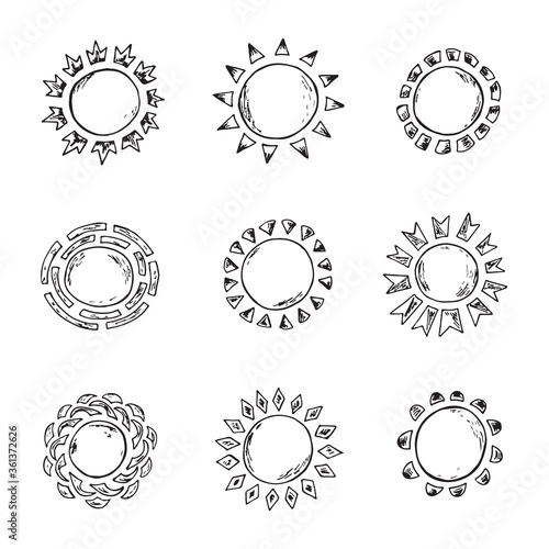 Sun icons. Hand drawn doodle Suns Vector set 