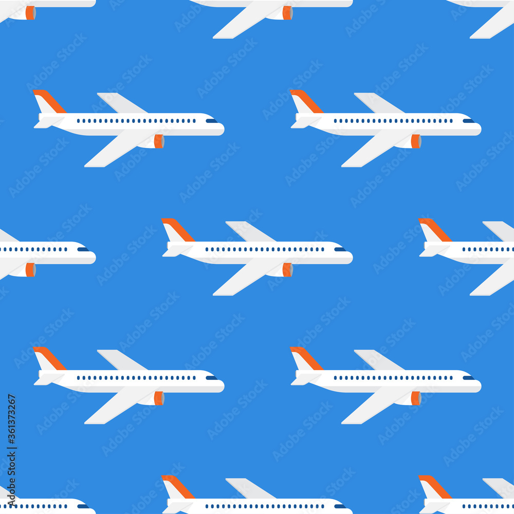 Airplane flight seamless pattern. Wallpaper with aviation in air