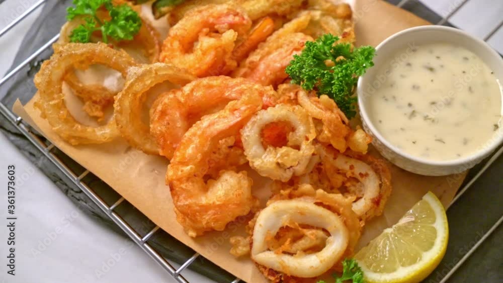 deep fried seafood (shrimps and squid) with mix vegetable deep fried seafood (shrimps and squid) with mix vegetable