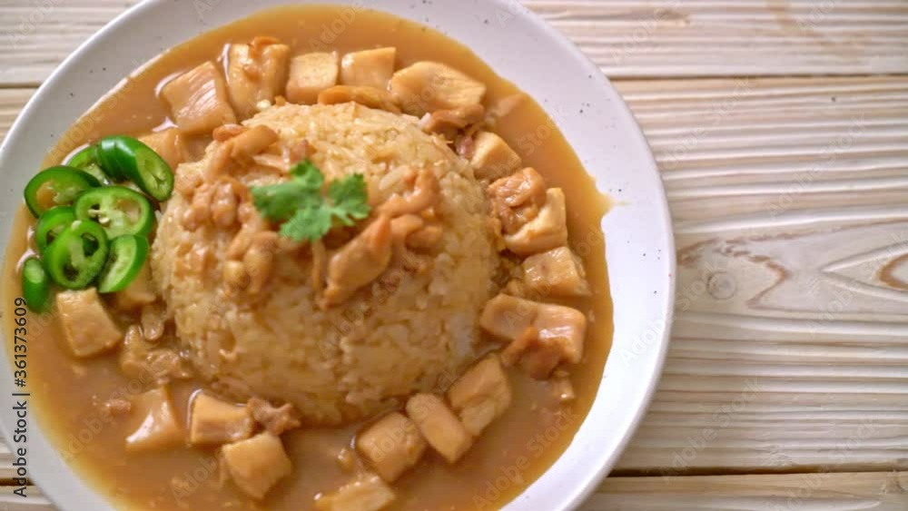 Chicken in brown sauce or gravy sauce with rice - Asian food style Chicken in brown sauce or gravy sauce with rice - Asian food style