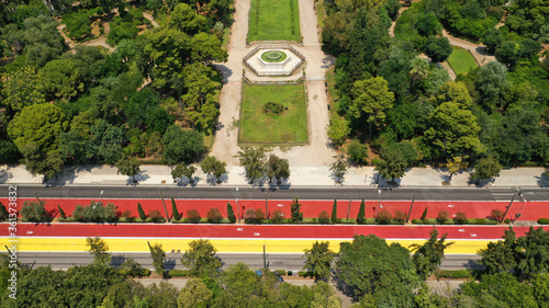 Aerial drone photo of new renovated Vasilissis Olgas avenue pedestrian walk way part of new long walk of Athens centre in front of historical Zappeion hall, Attica, Greece photo