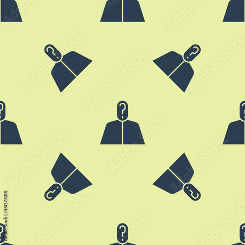 Blue Anonymous man with question mark icon isolated seamless pattern on yellow background. Unknown user, incognito profile, business secrecy, obscurity.  Vector Illustration