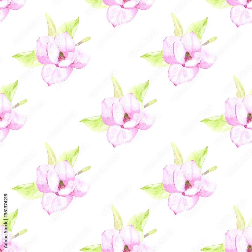 Naklejka premium Watercolor seamless pattern of beautiful magnolia flowers and leaves. It is perfect in printing, textile, web design, souvenir products, scrapbooking and many other creative projects.