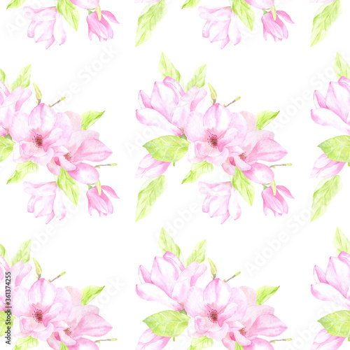 Watercolor romantic seamless pattern of beautiful bouquets of magnolia flowers. Perfect in printing, textile, web design, souvenir products, scrapbooking and many other creative ideas.