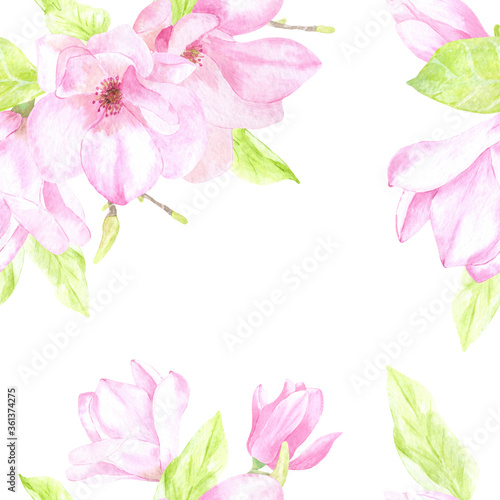 Watercolor seamless pattern of beautiful magnolia flowers. It is perfect in printing, textile, web design, souvenir products, scrapbooking and many other creative projects.