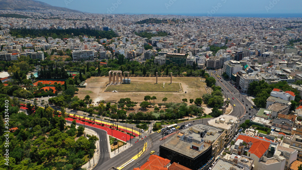 Aerial drone photo of new renovated Vasilissis Olgas avenue pedestrian walk way part of new long walk of Athens centre in front of historical Temple of Zeus, Attica, Greece